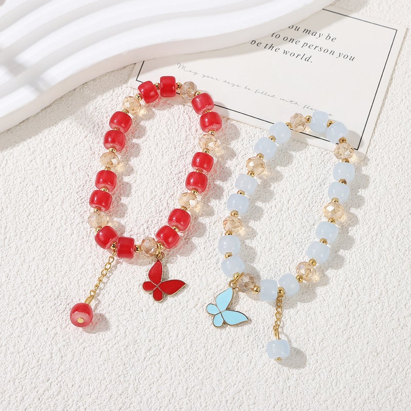 Korean Style Small Fresh Student Bracelet, Personalized Sweet Glass Beaded Bracelet, Exquisite Painted Butterfly Pendant Bracelet - Image 3